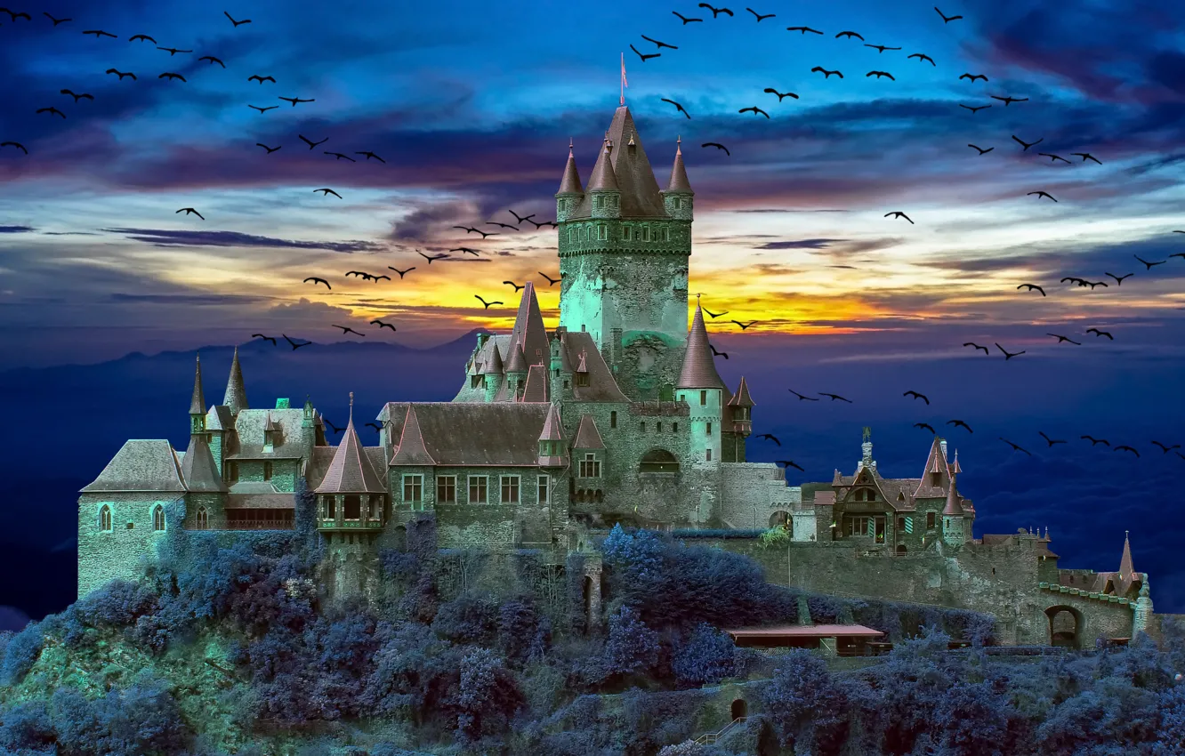 Photo wallpaper clouds, sunset, birds, rendering, castle, twilight, a flock of birds