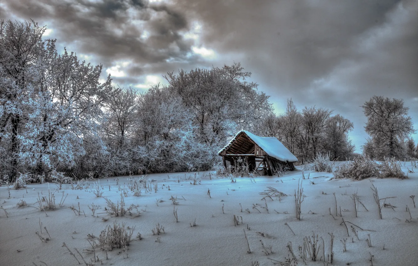 Photo wallpaper winter, clouds, snow, nature, photo, house