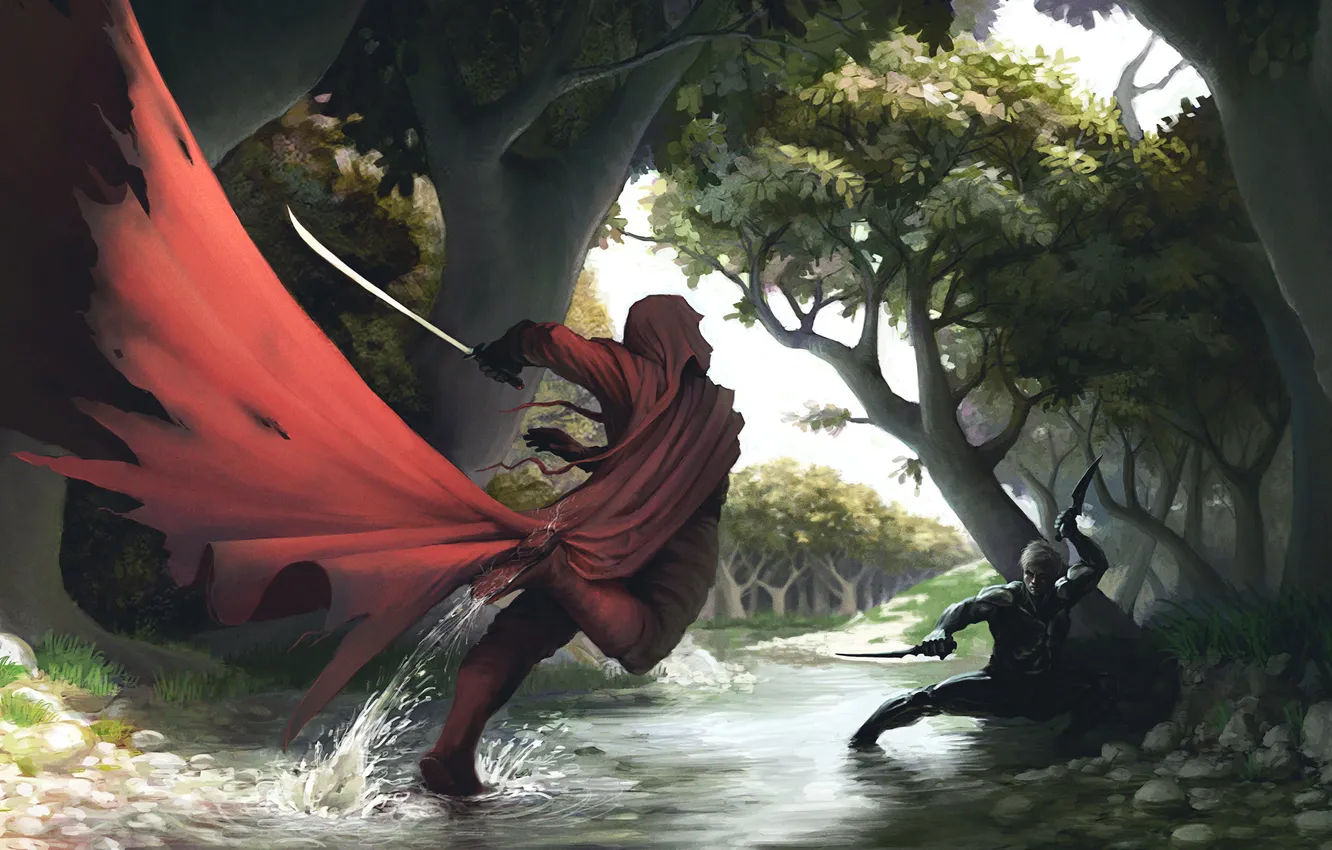 Photo wallpaper forest, river, weapons, sword, art, the battle