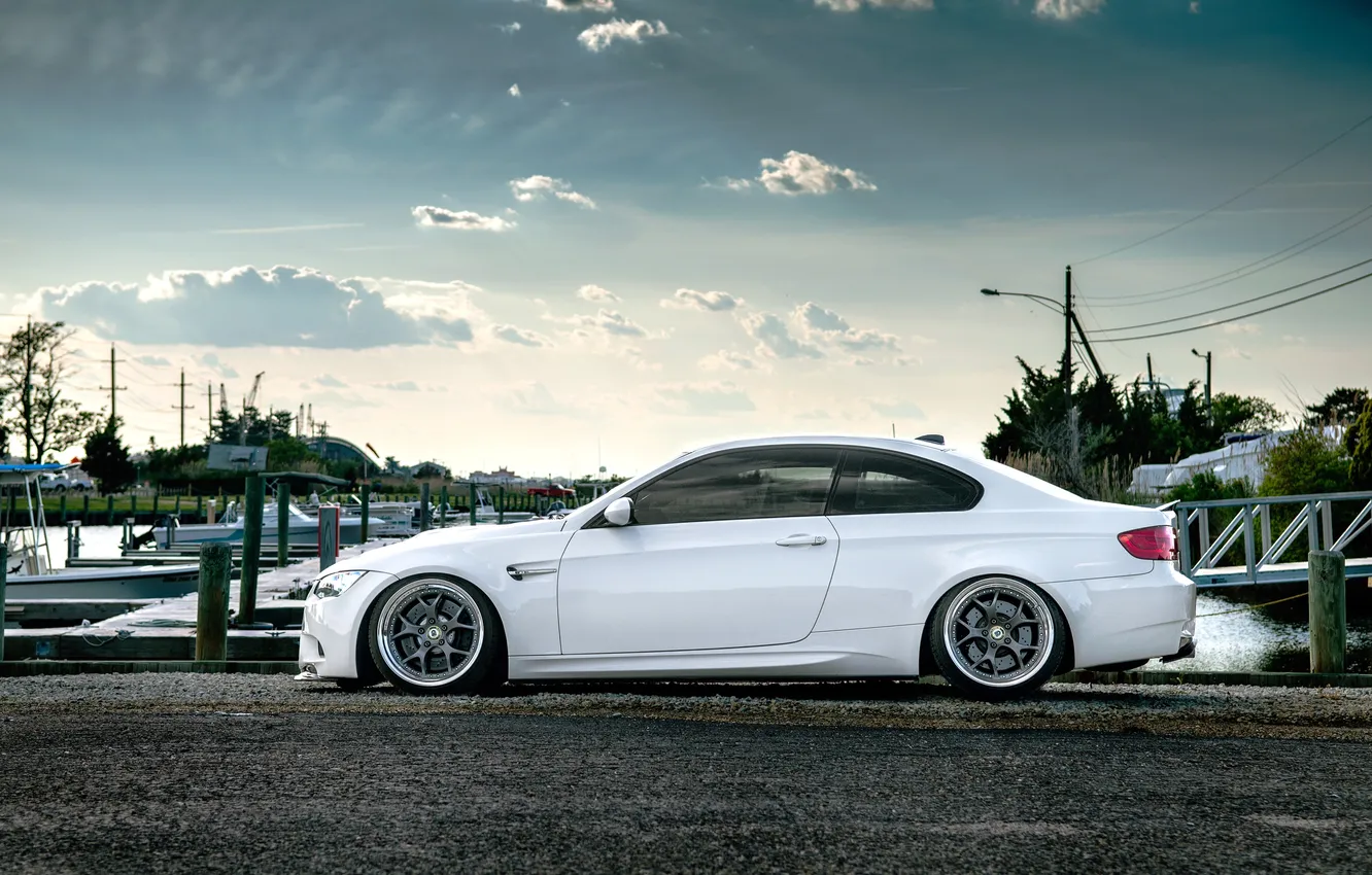 Photo wallpaper white, the sky, clouds, Marina, BMW, BMW, profile, white