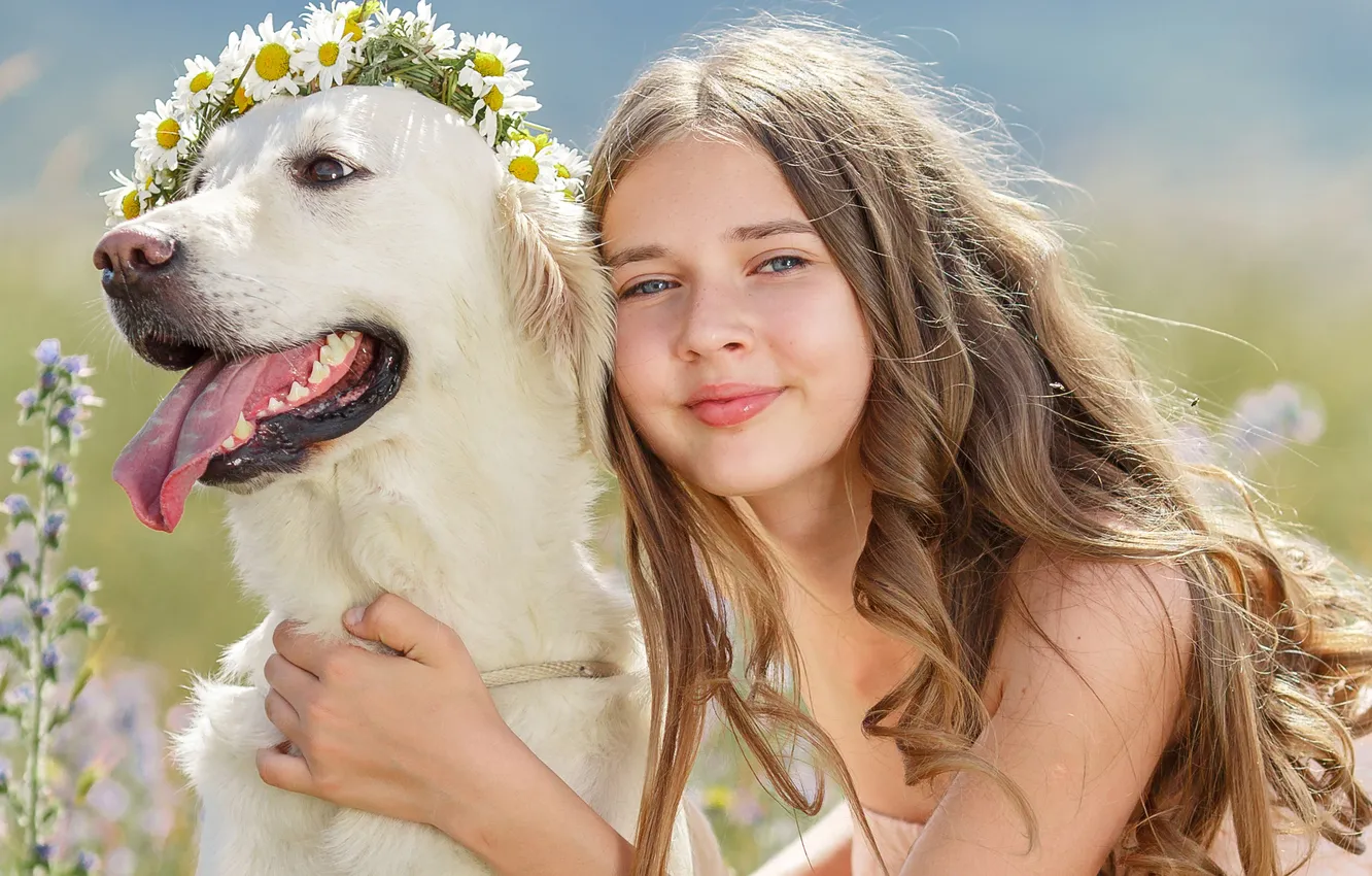 Photo wallpaper look, flowers, smile, dog, girl, brown hair, wreath, gray-eyed