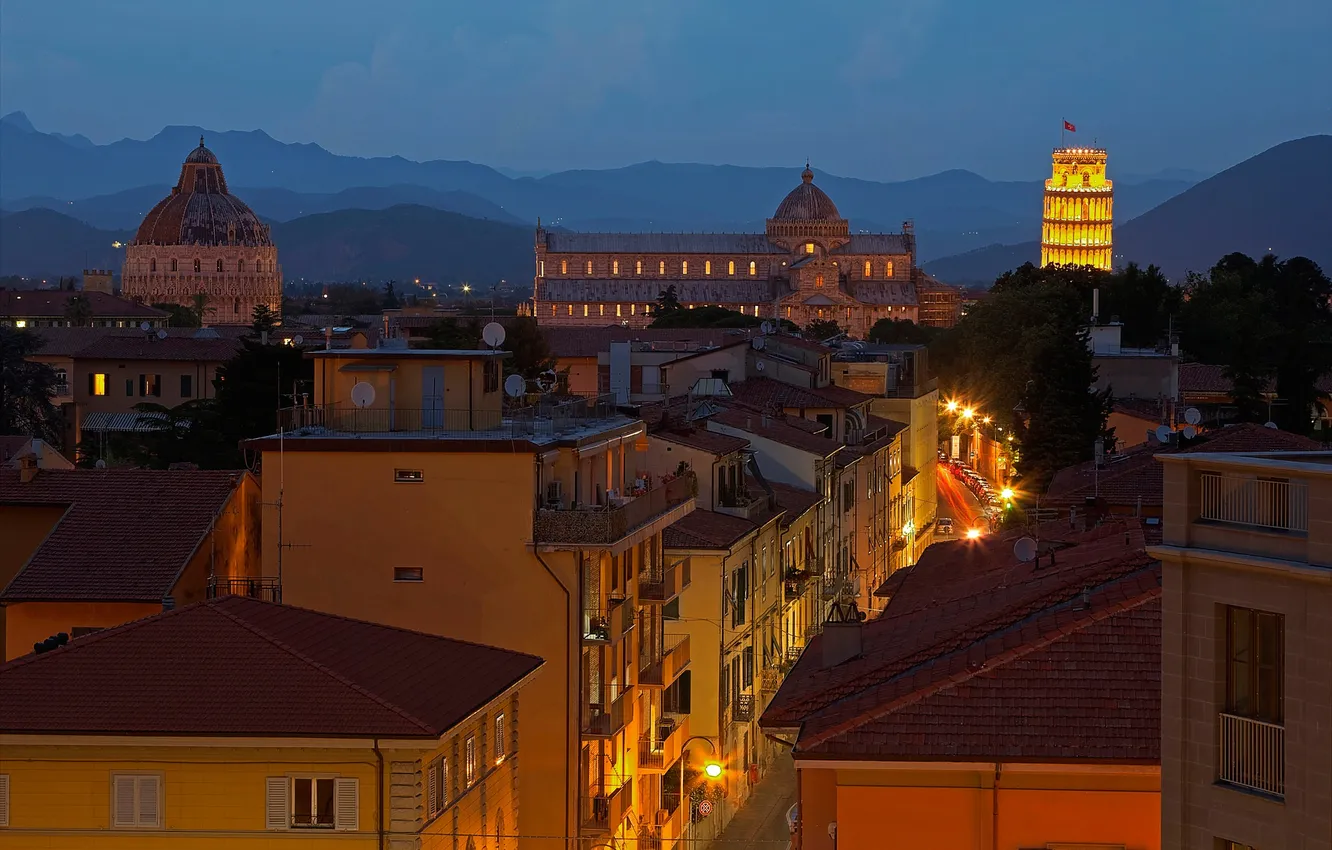 Photo wallpaper mountains, night, lights, home, Italy, Cathedral, Pisa, Tuscany
