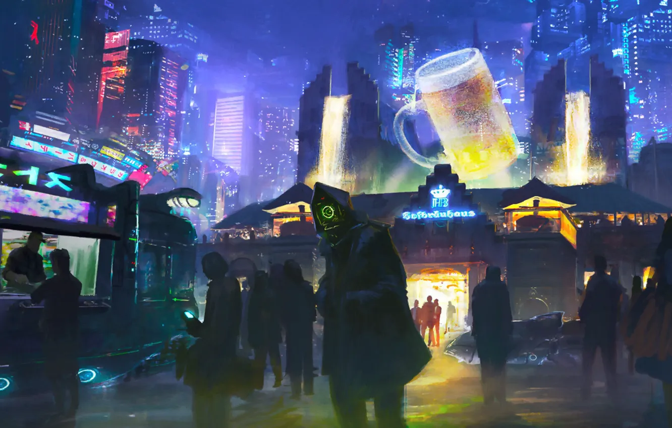 Photo wallpaper night, the city, future, fiction, figure, people, robot, art