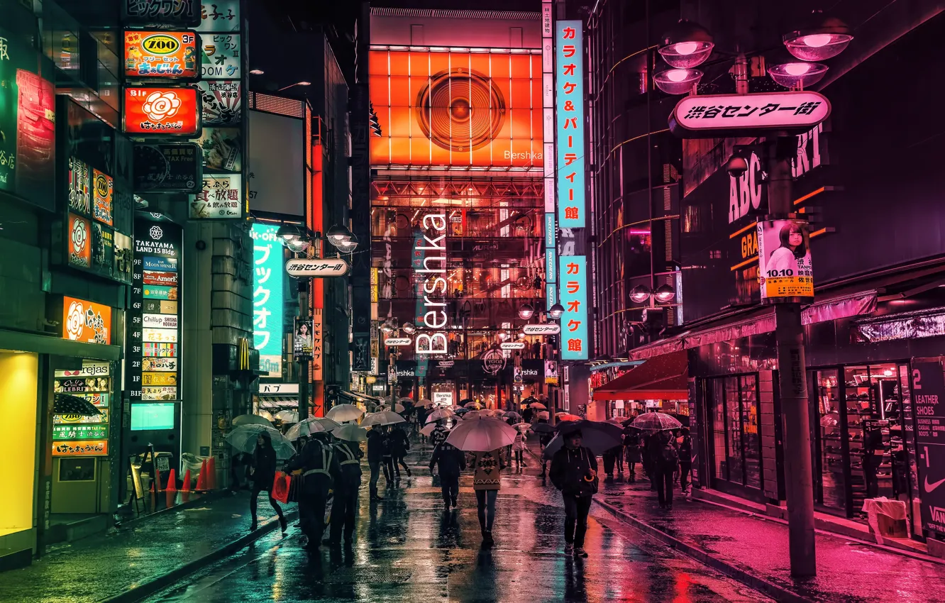 Photo wallpaper city, lights, Japan, night, street, Asia
