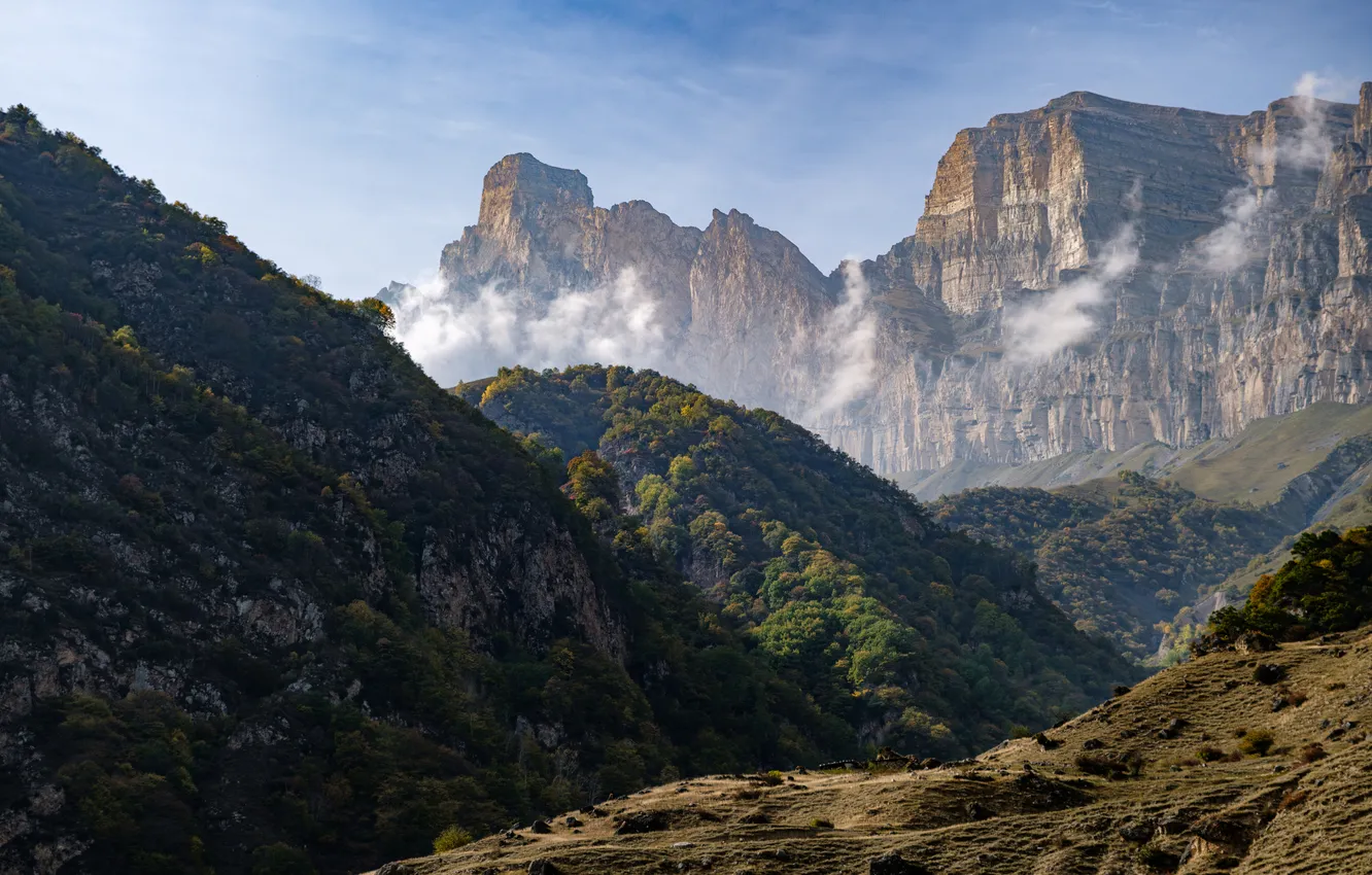 Photo wallpaper mountains, clouds, rocks, vegetation, cliffs