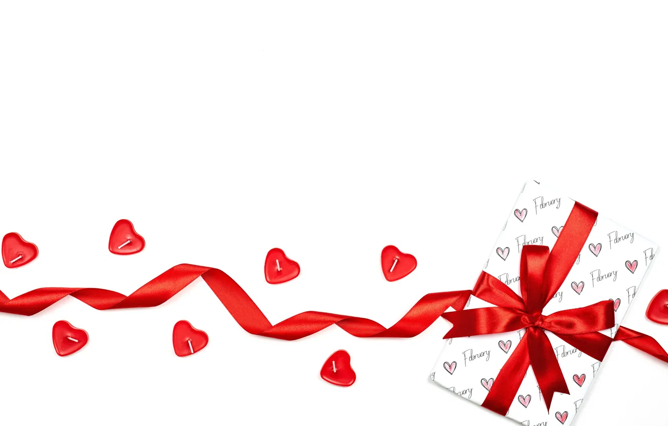 Photo wallpaper gift, hearts, red, white background, bow, Valentine's day, ribbon