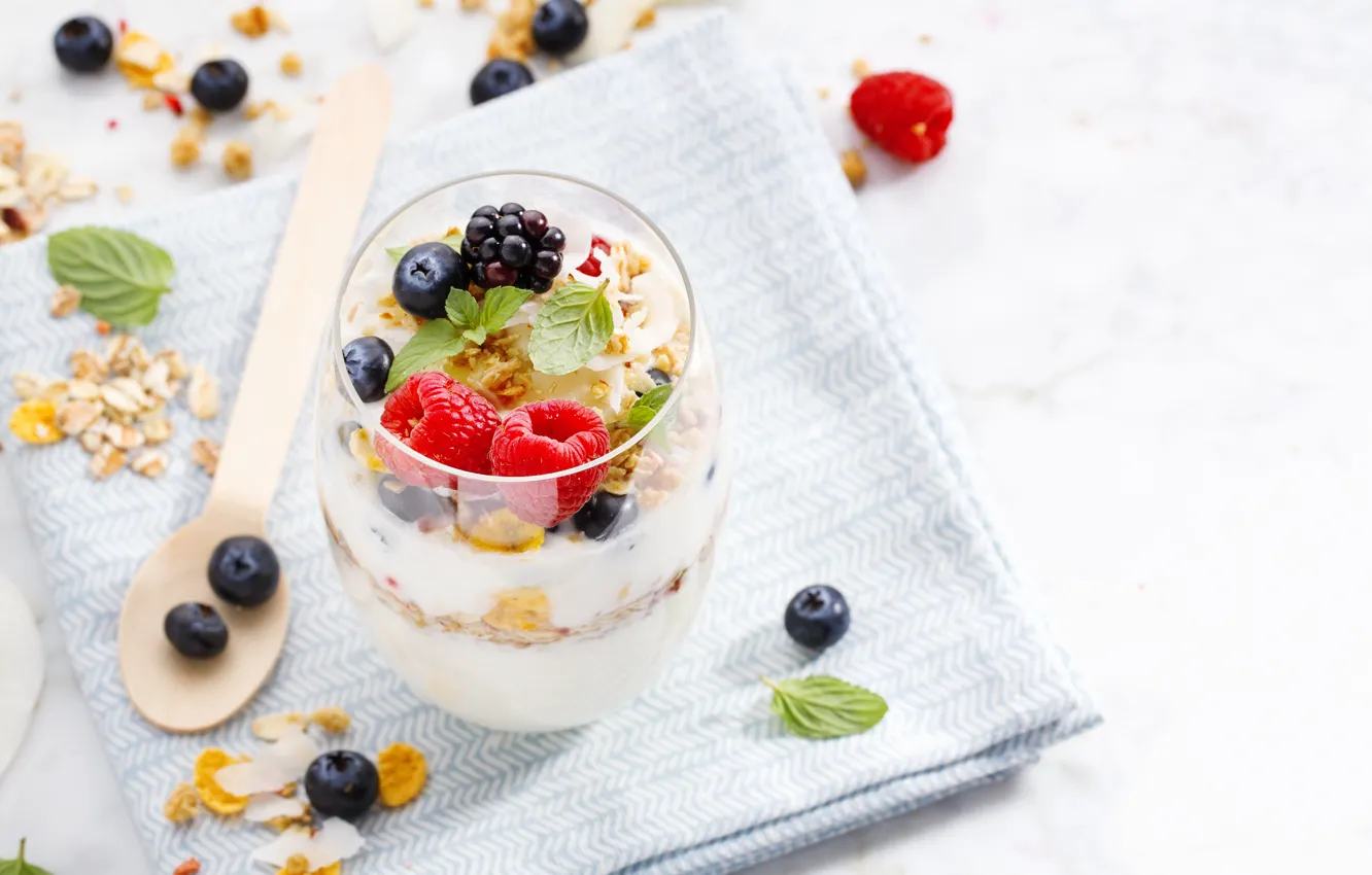 Photo wallpaper berries, Breakfast, dessert, yogurt, oatmeal
