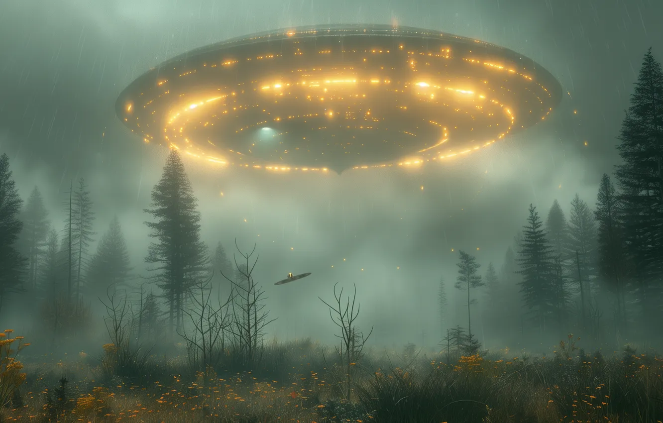 Photo wallpaper nature, fog, future, fiction, UFO, haze, spaceship, the futuristic