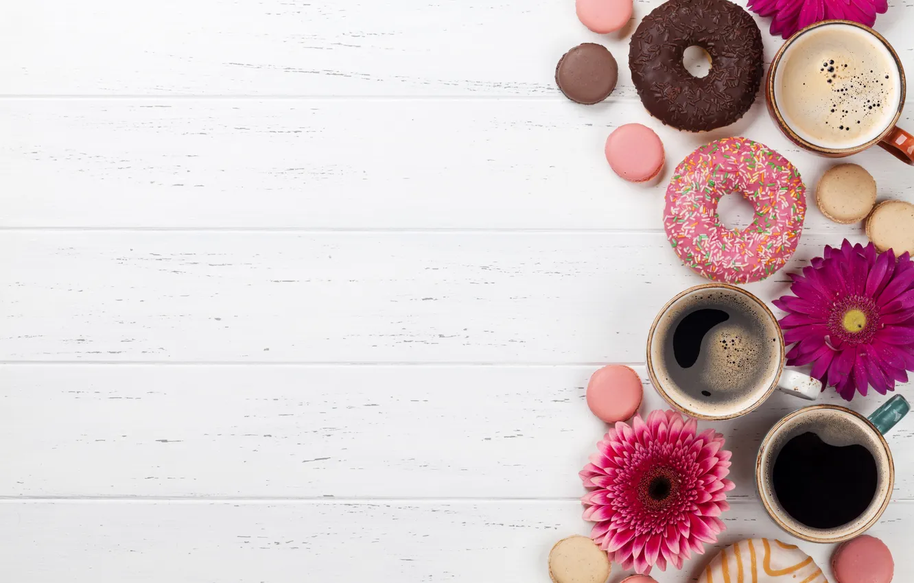 Photo wallpaper flowers, donuts, gerbera, wood, pink, flowers, coffee cup, with love