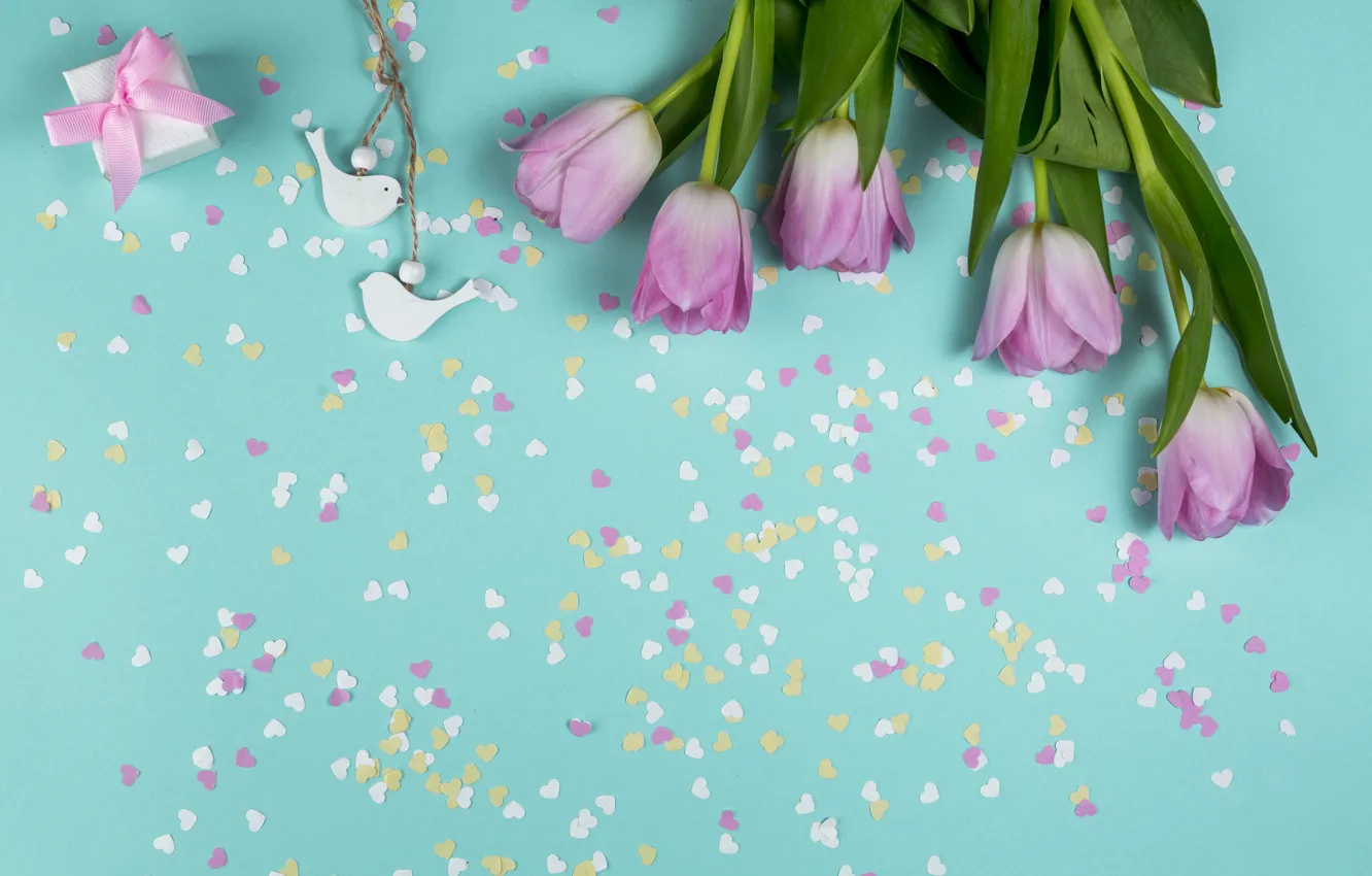 Photo wallpaper background, blue, bouquet, hearts, tulips, birds, pink, Dmytro Sheremeta