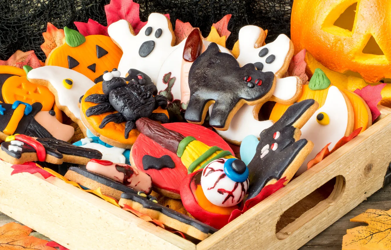 Photo wallpaper holiday, cookies, Halloween, Halloween, box, figures, cakes