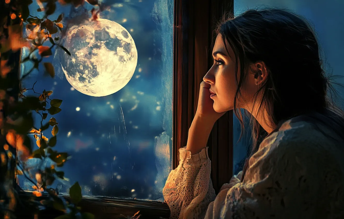 Photo wallpaper the sky, girl, light, night, pose, the moon, brunette, window