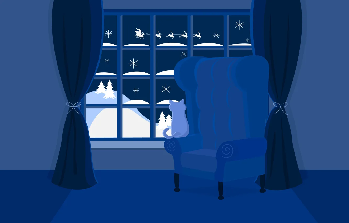 Photo wallpaper cat, night, room, new year, deer, window, Christmas, curtains
