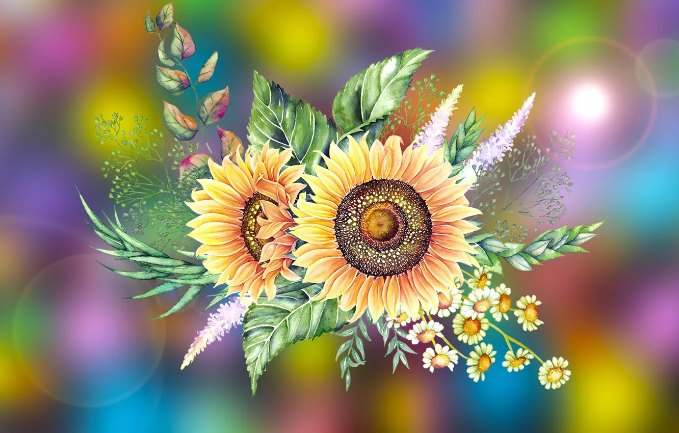 Photo wallpaper Graphics, Flowers, Leaves, Sunflower