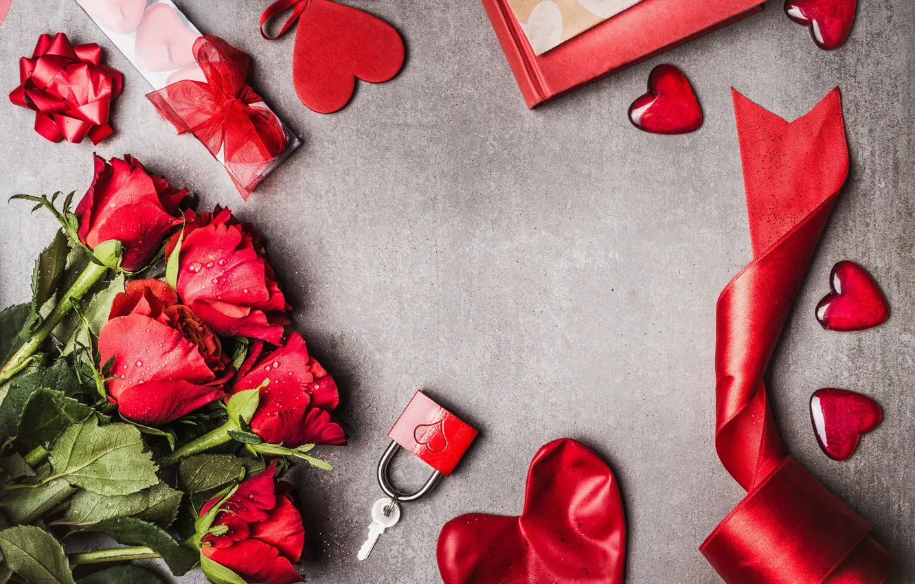 Photo wallpaper love, flowers, red, roses, bouquet, hearts, red, love