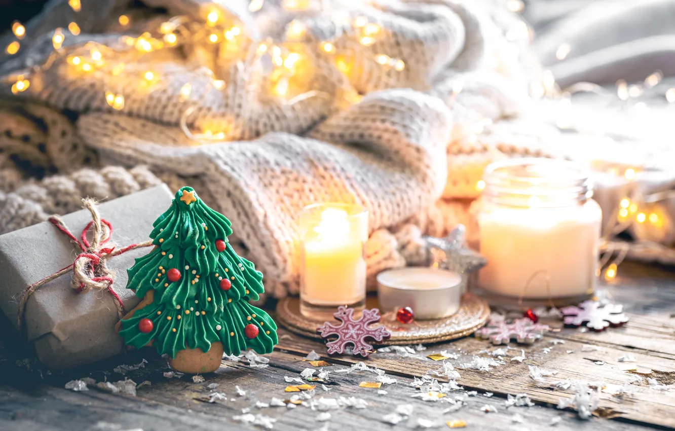 Photo wallpaper light, snowflakes, holiday, box, gift, Board, new year, candles