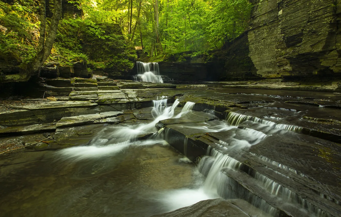 Photo wallpaper nature, rocks, shore, waterfall, stream