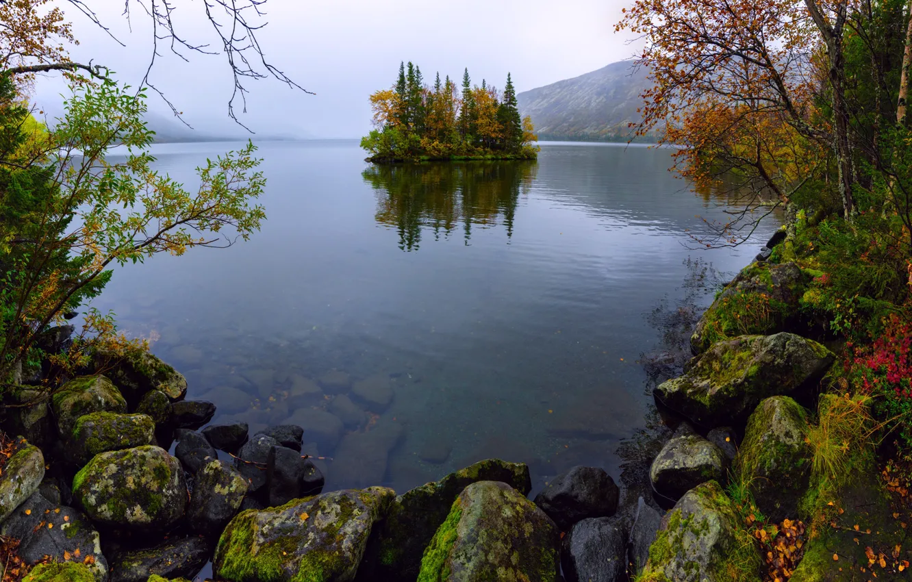 Photo wallpaper stones, Seidozero, fog, trees, island, mountains