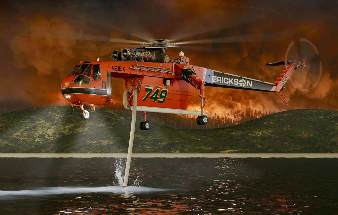 Photo wallpaper Smoke, Forest, Fire, Helicopter, Sikorsky, Water intake, Fire helicopter, Sikorsky S-64 Skycrane