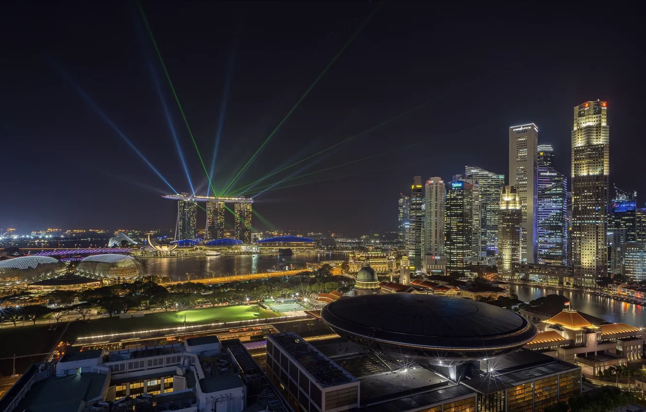 Photo wallpaper rays, night, the city, Singapore, Singapore city, laser lights