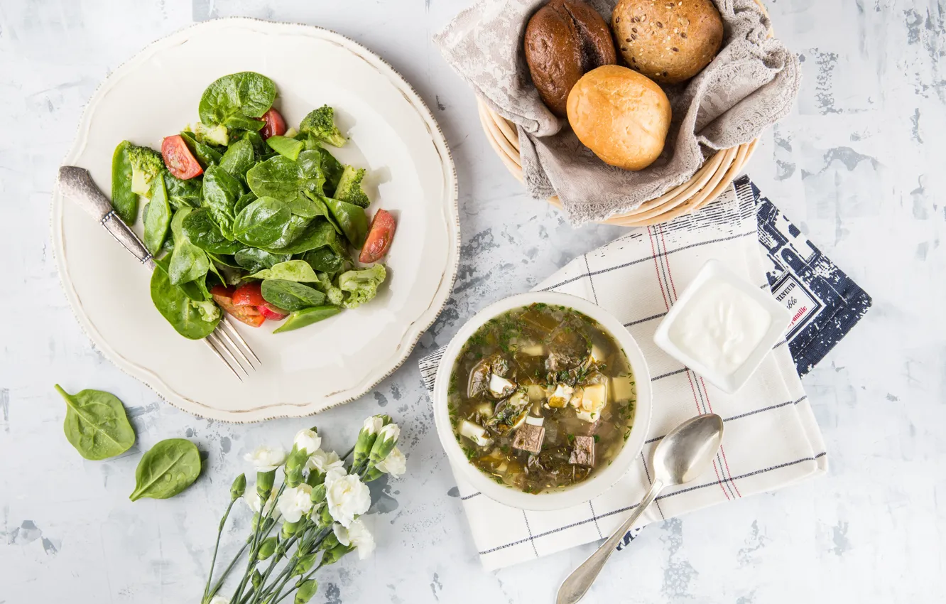 Photo wallpaper bread, soup, salad, the first dish