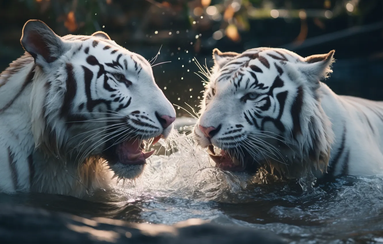 Photo wallpaper water, tiger, predator, two, striped, big cats, digital art, white tigers