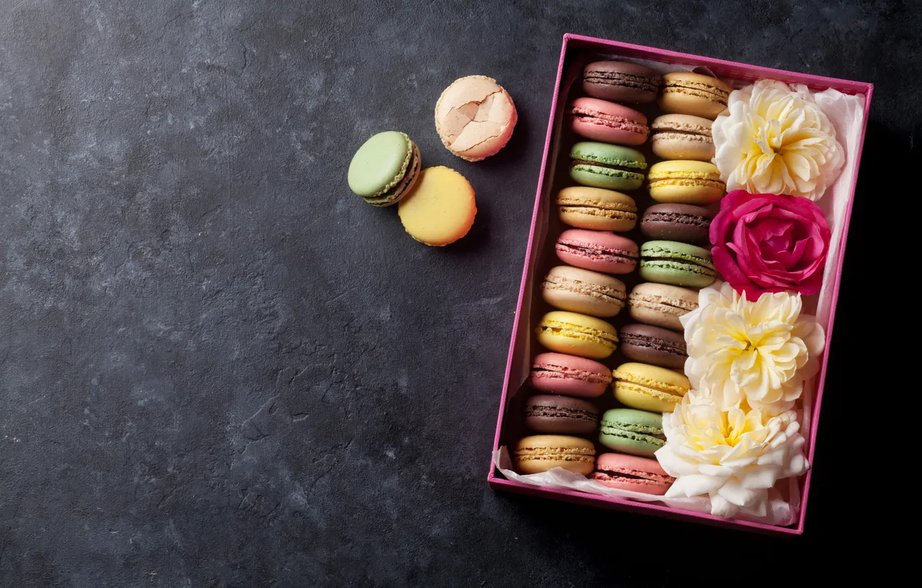Photo wallpaper flowers, gift, colorful, pink, flowers, macarons, gift box, macaroon