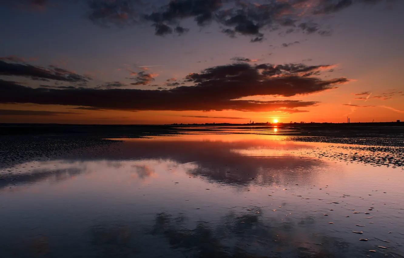 Photo wallpaper the sun, clouds, sunset, reflection