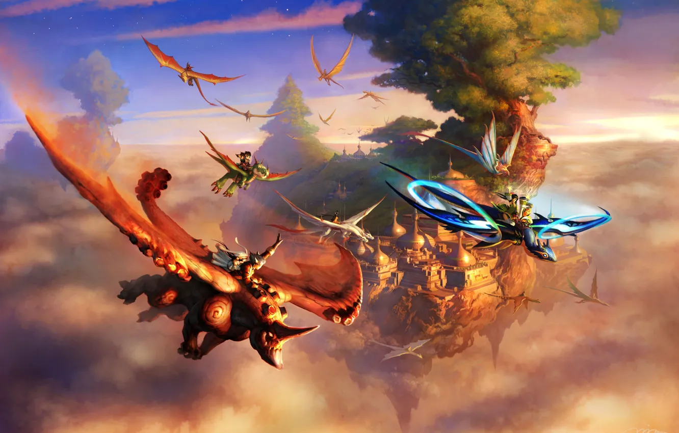 Photo wallpaper clouds, flight, the city, rock, tree, dragons, fantasy, art