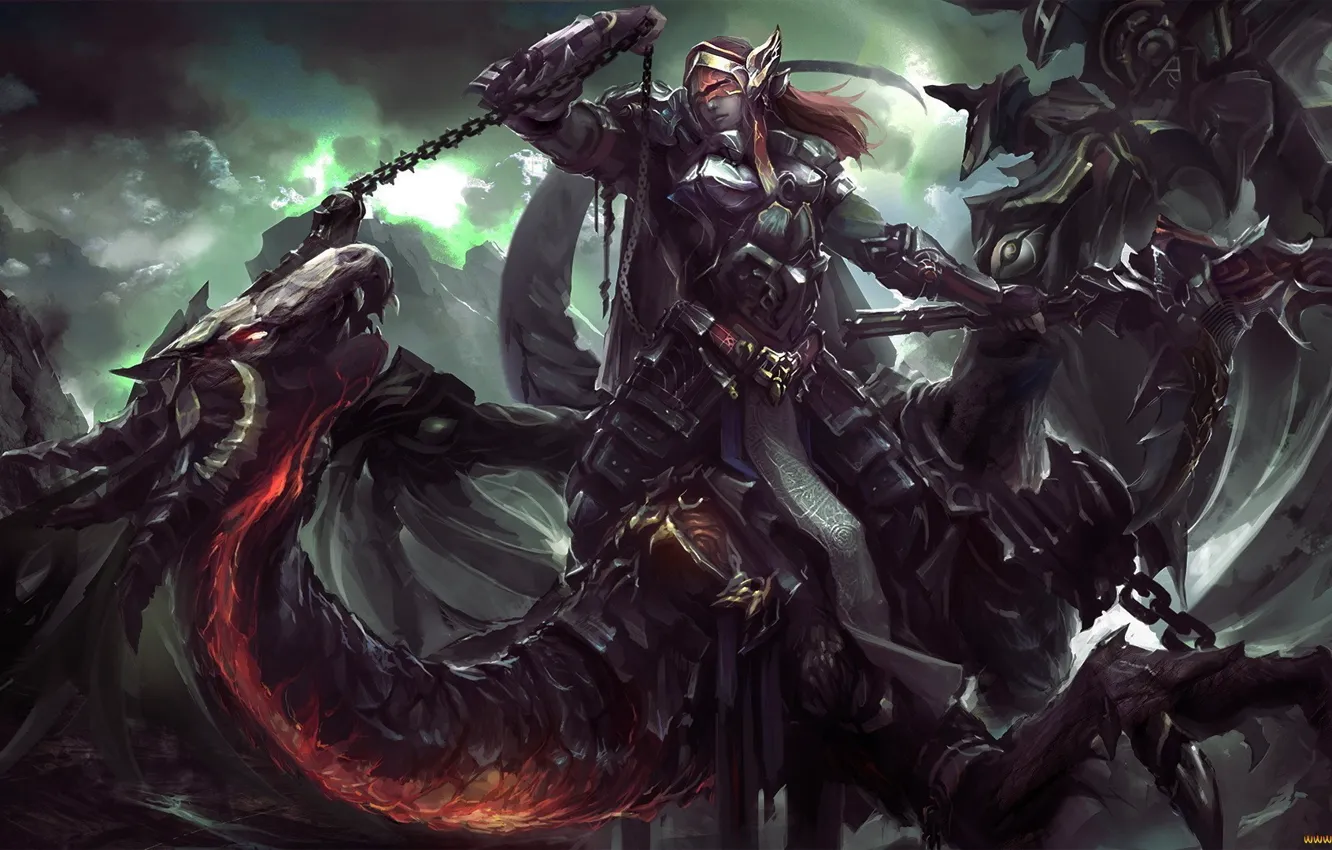 Photo wallpaper the sky, mountains, darkness, dragon, elf, art, chain, battle