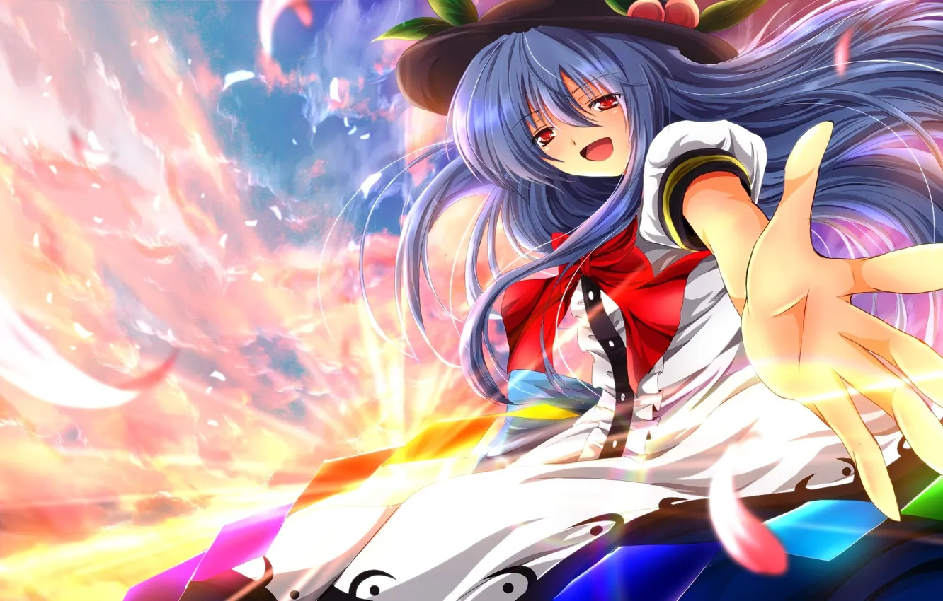 Photo wallpaper look, girl, joy, dawn, petals, Hinanawi Tenshi, gesture, touhou