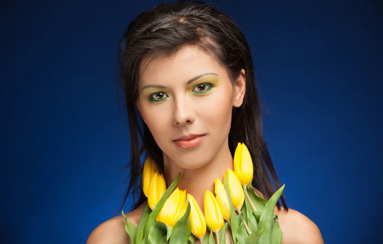Photo wallpaper flowers, blue, background, yellow, makeup, brunette, tulips, beautiful
