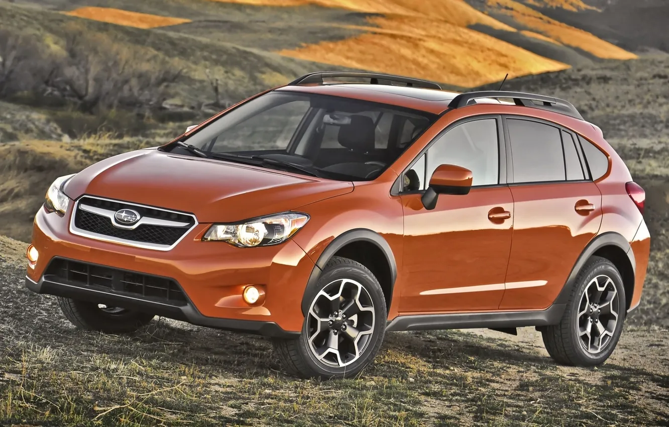 Photo wallpaper orange, hills, Subaru, the front, Subaru, crossover