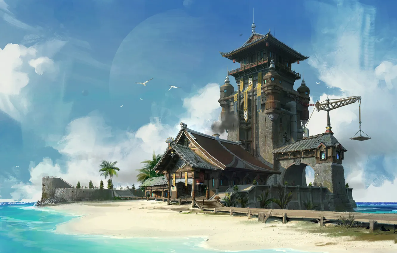 Photo wallpaper sea, shore, the building, architecture, Beach and Chinese style architecture