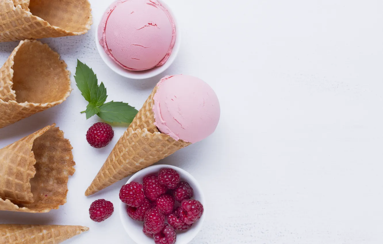 Photo wallpaper berries, raspberry, ice cream, pink, bowl, light background, horn, mint