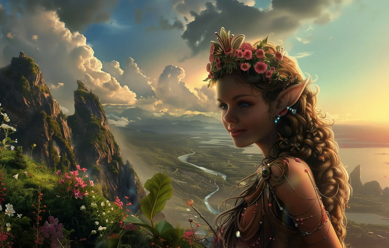 Photo wallpaper clouds, flowers, mountains, dawn, hair, girl, elf, digital art