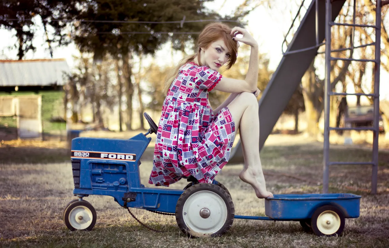 Photo wallpaper girl, mood, tractor