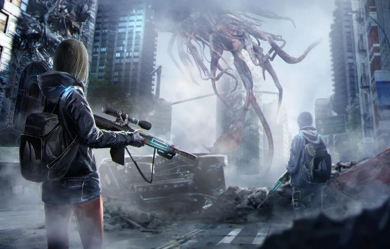 Photo wallpaper girl, weapons, fiction, home, being, art, alien, guy