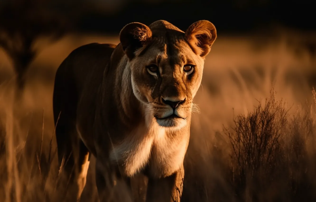 Photo wallpaper field, look, lioness, digital art, AI art, The Art of Artificial Intelligence, neural network