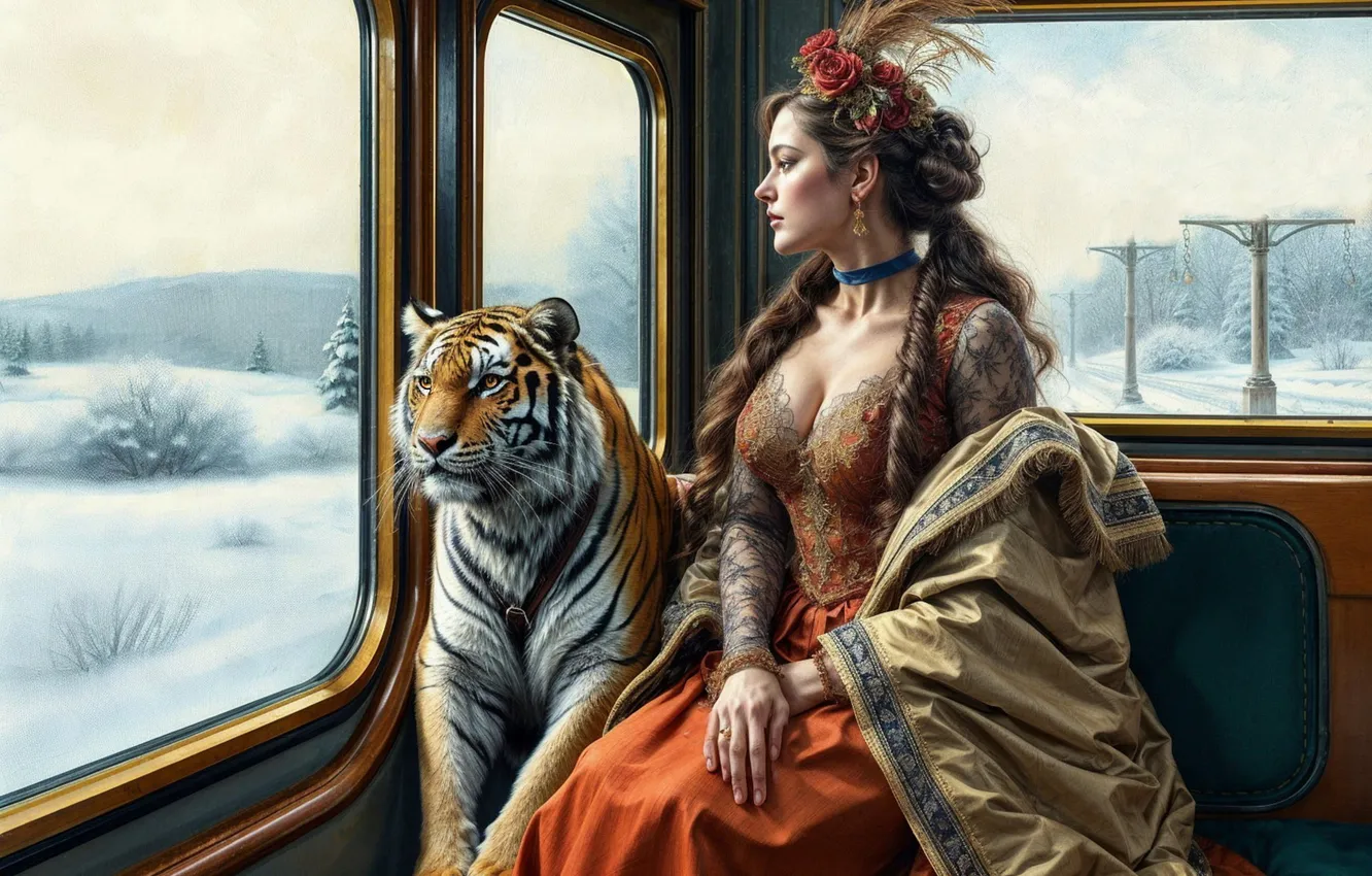 Photo wallpaper girl, tiger, pose, AI art, neural network