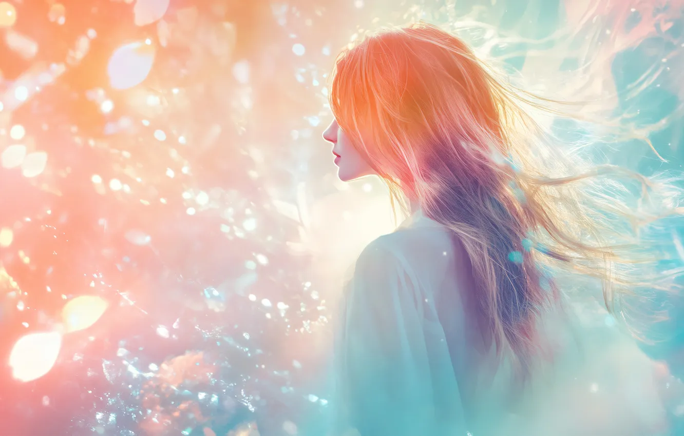 Photo wallpaper girl, light, lights, blur, blur, flowing hair, is back, AI art