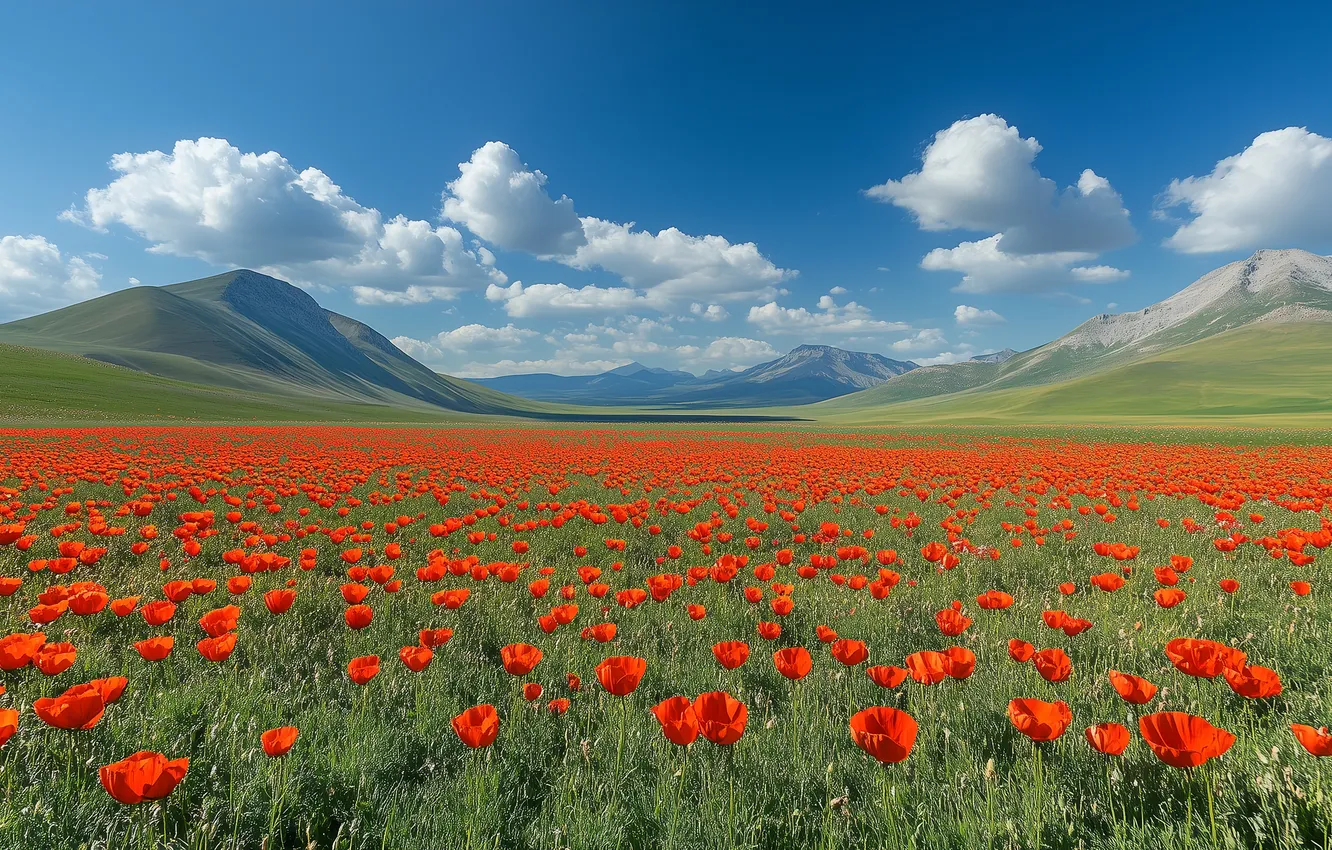 Photo wallpaper field, summer, the sky, clouds, flowers, red, blue, hills