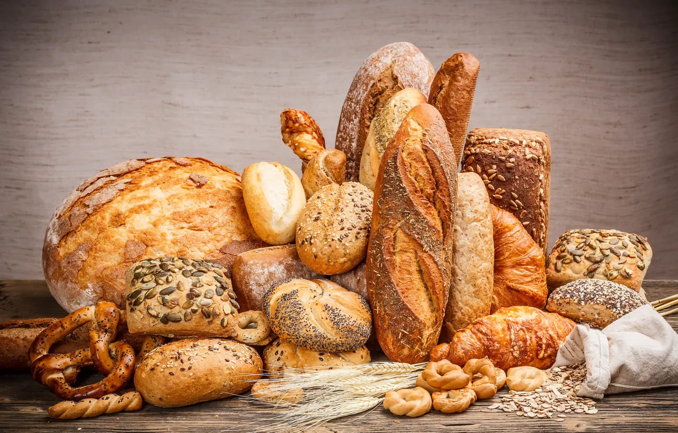 Photo wallpaper bread, a lot, different, buns, cuts, baton, bakery products