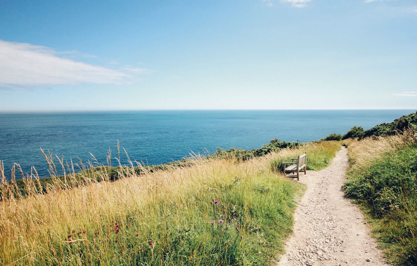 Photo wallpaper shop, grass, trail, sea, water, shop, the sky, horizon