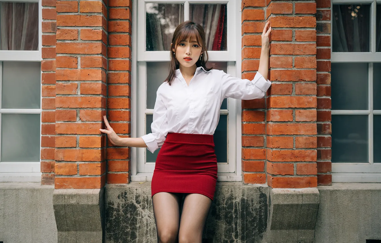 Photo wallpaper look, pose, model, skirt, portrait, home, brick, makeup
