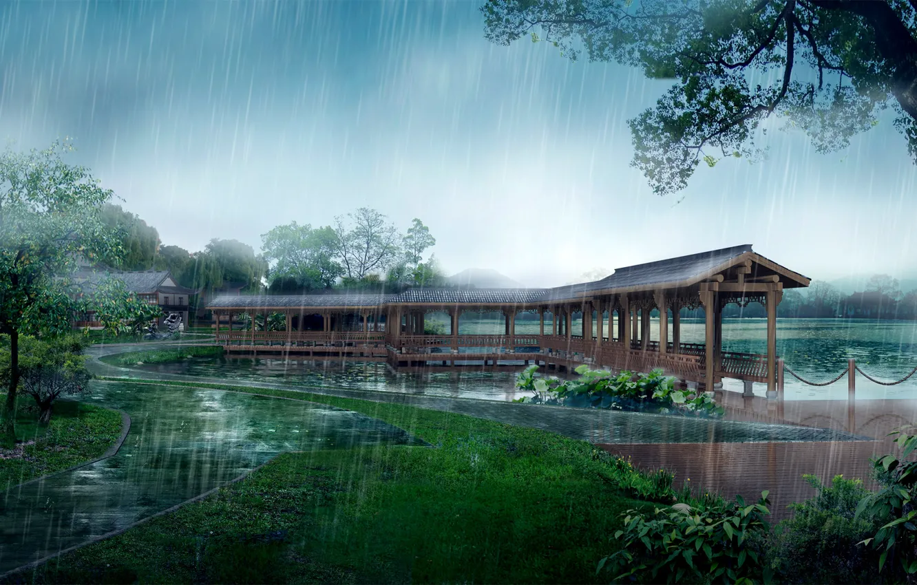 Photo wallpaper Park, rain, track