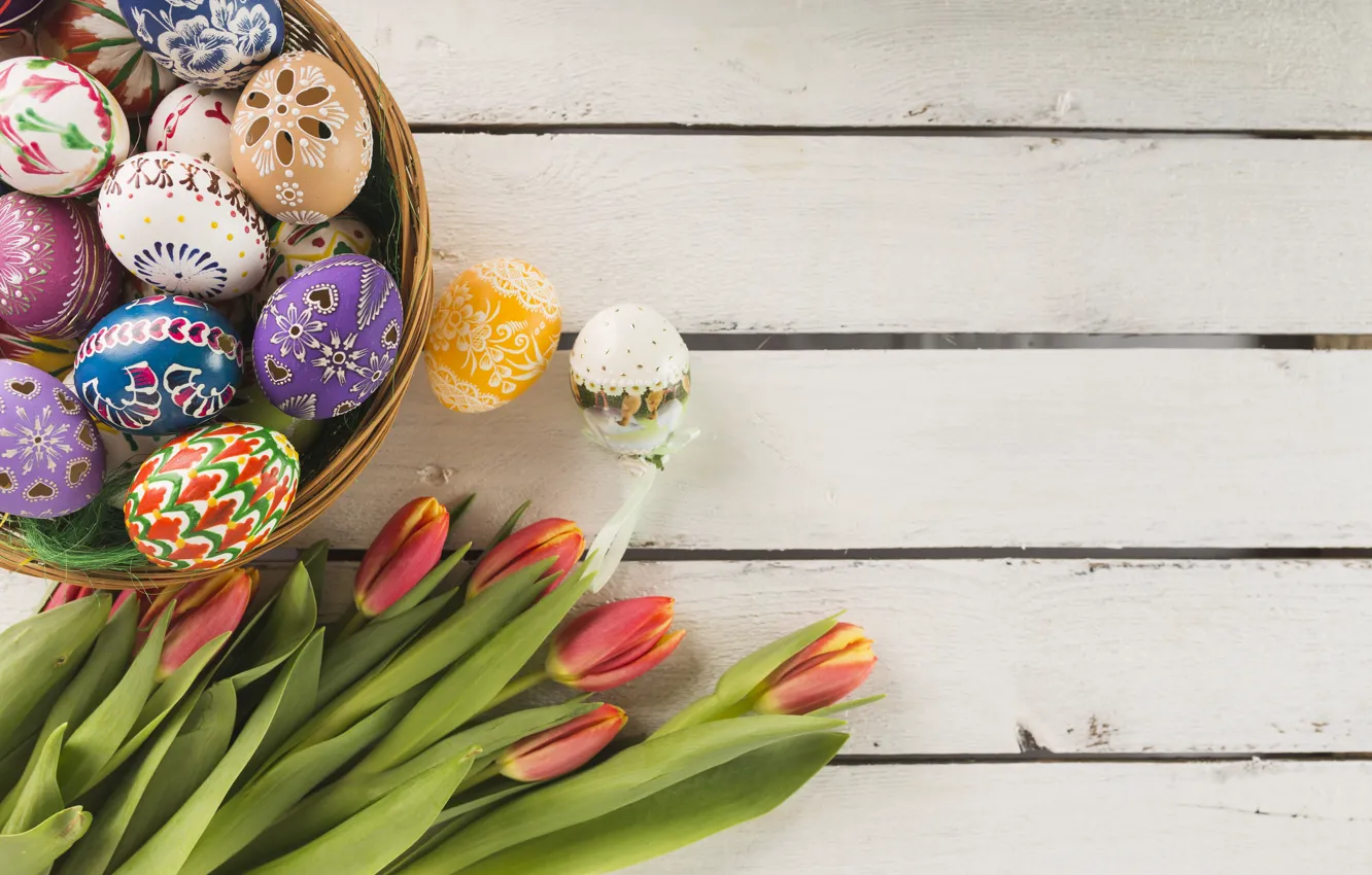 Photo wallpaper holiday, basket, eggs, spring, Easter, tulips