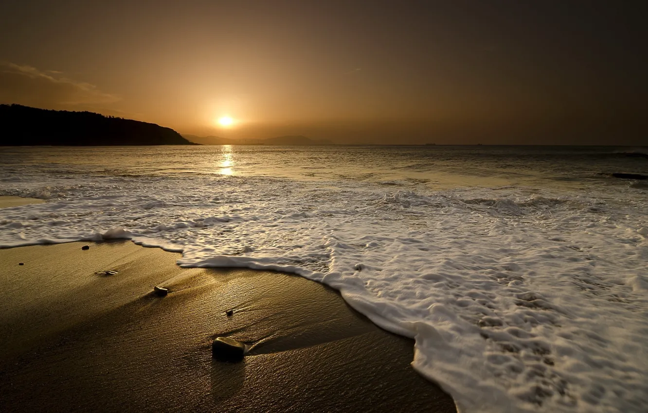Photo wallpaper sand, sea, wave, landscape, sunset, nature, stones