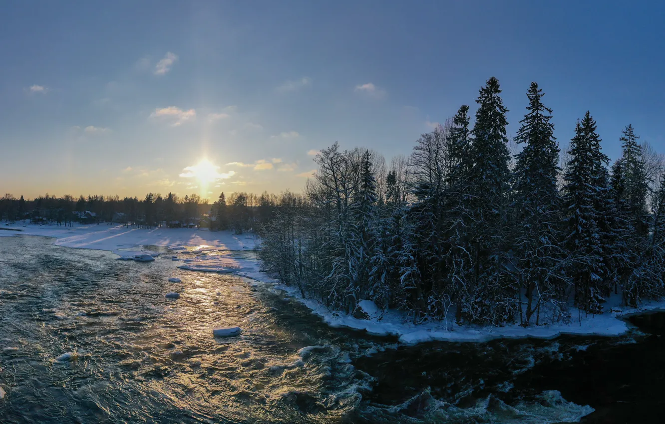 Photo wallpaper winter, forest, trees, river, panorama, Finland, Finland, River Kymijoki