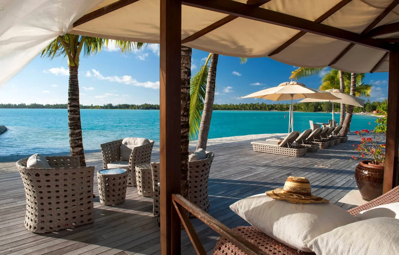 Photo wallpaper palm trees, the ocean, view, umbrellas, terrace, hotel, Bora-Bora, resort